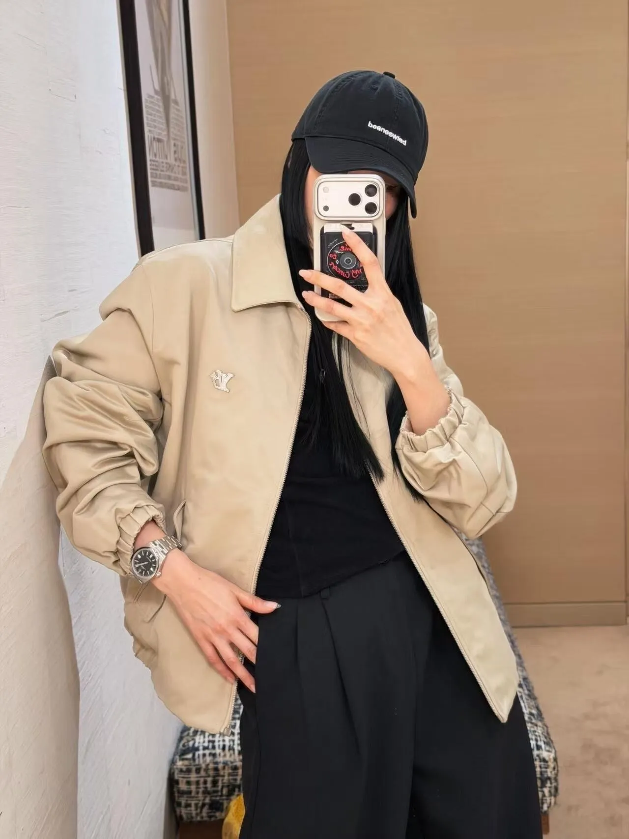Louis Vuitton/Louis Vuitton checkerboard leather collar double-sided belted jacket